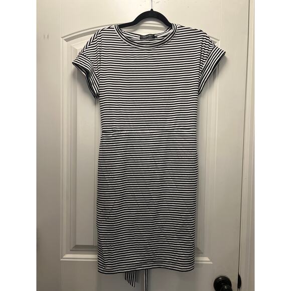 Merokeety Women Tie Waist Striped Short Sleeve T Shirt Dress Size L Black‎ White - Picture 2 of 4
